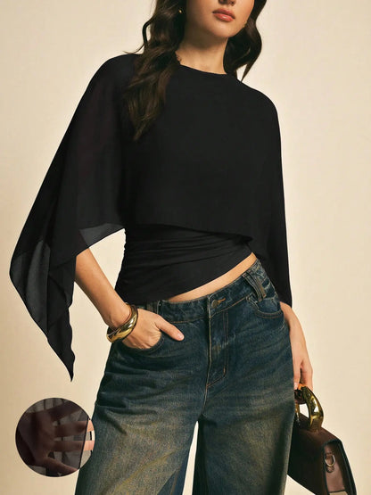 Chic Minimalist Asymmetrical Blouse with Batwing Sleeves - Perfect for Everyday Style